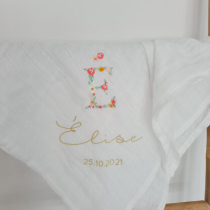 Lange blanc broderie initiale fleurie "Héloïse" – Image 8