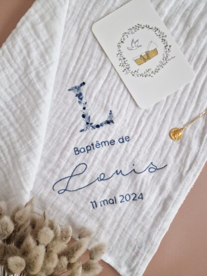 Lange blanc broderie initiale fleurie "Azur"