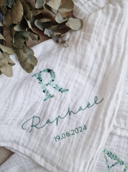 Lange blanc broderie initiale fleurie "Raphaël"