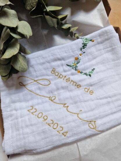 Lange blanc broderie initiale fleurie "Marceau" – Image 2