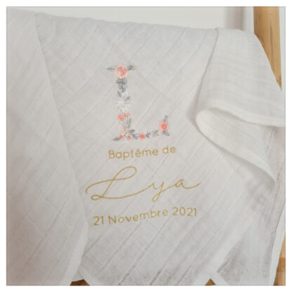 Lange blanc broderie initiale fleurie "Lucie" – Image 3