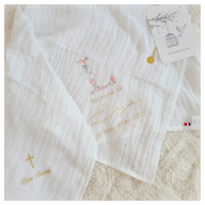 Lange blanc broderie initiale fleurie "Lucie" – Image 5