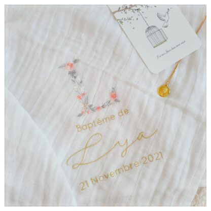 Lange blanc broderie initiale fleurie "Lucie"