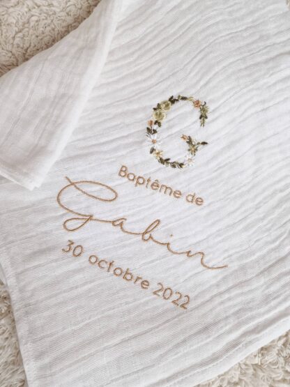 Lange blanc broderie initiale fleurie "Gabin" – Image 3