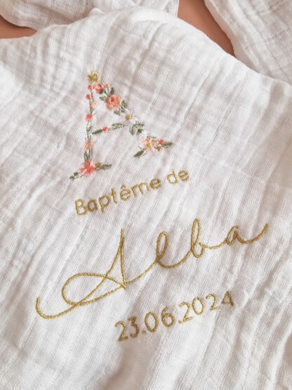 Lange blanc broderie initiale fleurie "Juline" – Image 4