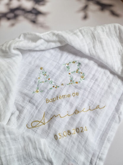 Lange blanc broderie initiale fleurie "Marguerite" – Image 2