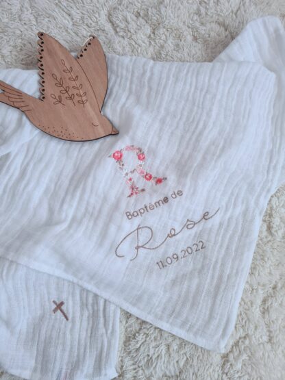 Lange blanc broderie initiale fleurie "Rose"
